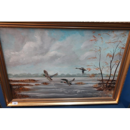 272 - Gilt framed oil on canvas of Mallard ducks in flight, signed lower left Stanley Dollimore 1974 (85cm... 