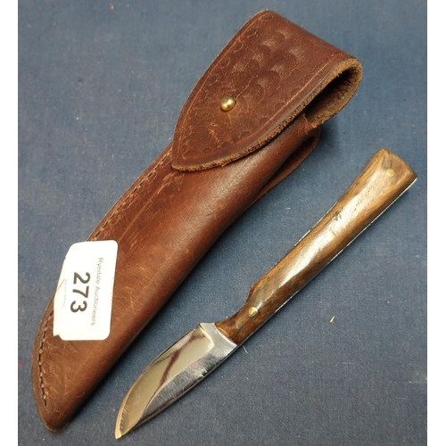 273 - Harry Boden 2 inch bladed skinning knife with two piece burr wood grips and leather belt sheath