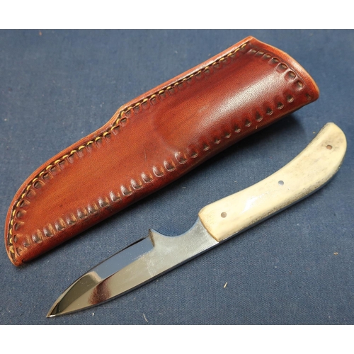 274 - Harry Boden 2 inch bladed knife with two piece Samber horn grips and tooled leather sheath