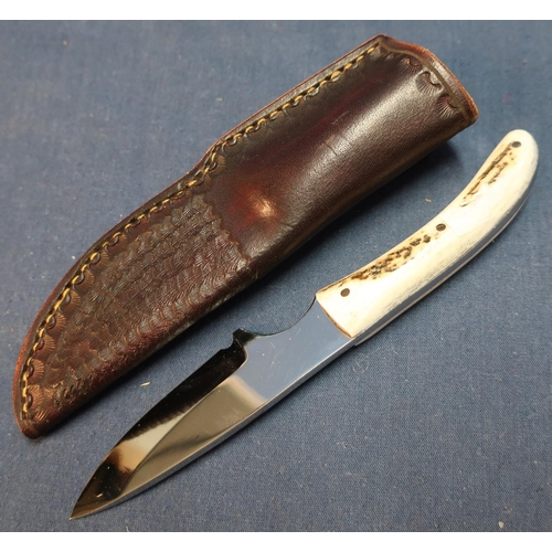 278 - Harry Boden sheath knife with 2 1/2 inch blade, two piece Sambar horn grip and leather sheath with t... 