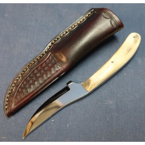 280 - Harry Boden 2 1/2 inch slightly curved bladed sheath knife with two piece Sambar horn grips and tool... 