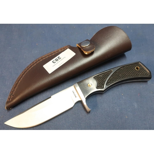 283 - Whitby Knives sheath knife with 4 inch stainless steel blade and two piece grips, complete with leat... 