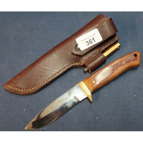 361 - Sheffield made 3 1/2 inch bladed sheath knife with two piece grips and leather belt sheath, with sha... 