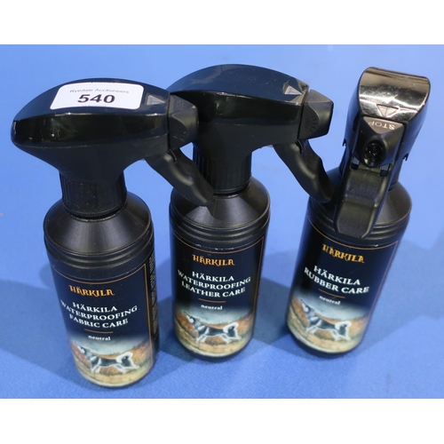 540 - Set of three brand new ex-shop stock Harkila 250ml spray bottles including Waterproofing Fabric Care... 