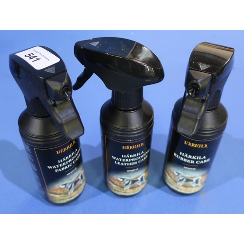 541 - Set of three brand new ex-shop stock Herkila 250ml spray bottles including Waterproofing Fabric Care... 