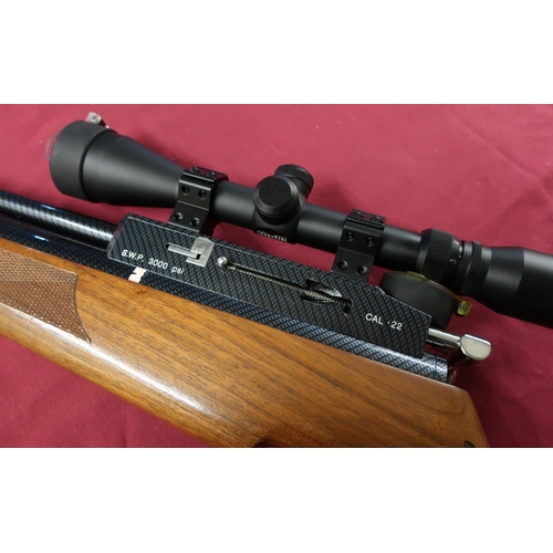 344a - Logun PCP Air Rifle .22 S.W.P 3000 PSI with carbon fibre sound moderator, fitted with Optik scope, c... 