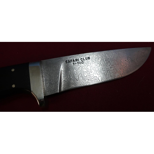 53a - Safari Club 1-100 Carlton Ltd sheath knife with 4 inch Damascus blade with two piece wooden grips an... 
