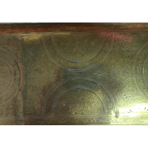 80 - Rectangular engraved eastern brass tray with twin carrying handles (74cm x 22.5cm)