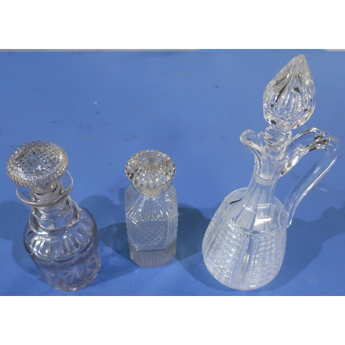120 - Early 19th C glass decanter of square form, another 19th C glass decanter and a 20th C quality cut g... 