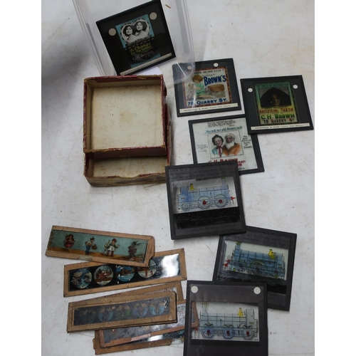 128 - Selection of various Magic Lantern type slides including a set of four advertising slides for C H Br... 