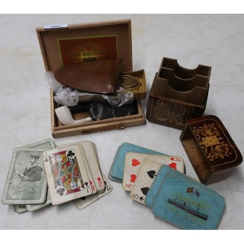 129 - Cigar box containing clay pipe, various spectacles, a leather cased folding leather travel cup, an i... 