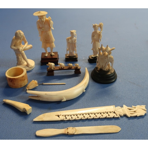 172 - Selection of 19th/20th C Chinese and Indian carved ivory and faux ivory figures