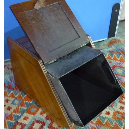 177 - Edwardian mahogany slope front coal box with brass handle and coal shovel and panelled detail to the... 