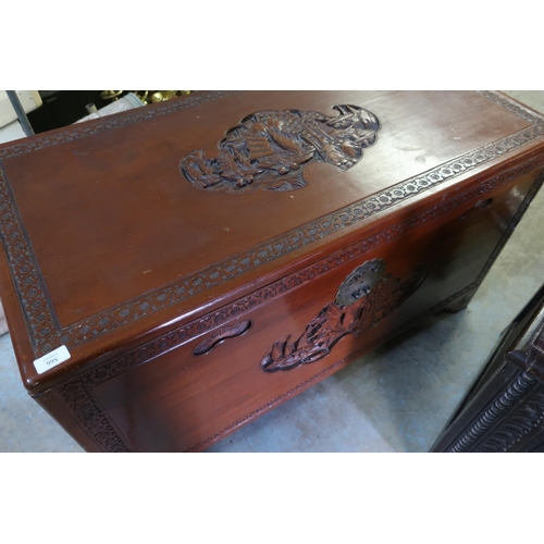 182 - Chinese hardwood blanket box with carved detail and hinged lid (104.5cm x 52cm x 59cm)
