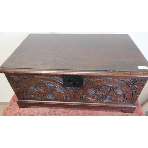 189 - 19th C rectangular carved oak three standing bible box with hinged lid (69cm x 42cm x 30cm)