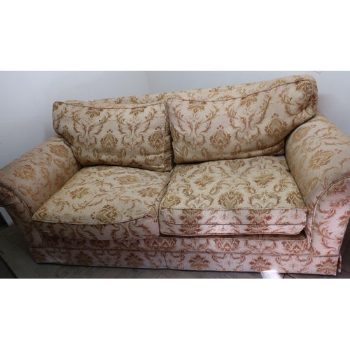 190 - Extremely large two seat sofa in golden pattern fabric with feather filled cushions (width 215cm)