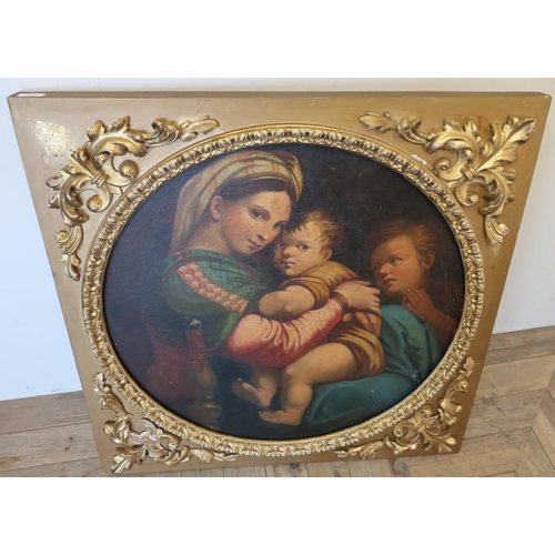 279 - Gilt framed oil on canvas of Madonna Della Sedia, after Raphael (86cm x 86cm including frame)