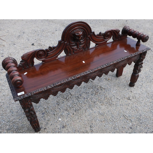 104 - Carved oak hall bench/window seat with elaborate carved detail and turned arm supports (121cm x 30cm... 