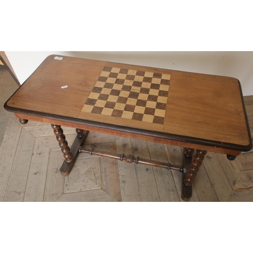 147 - Late Victorian rectangular mahogany table with inset chess board on bobbin turned supports and turne... 