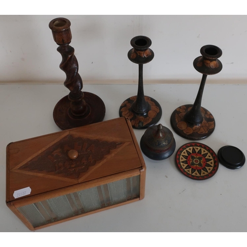 158 - Pair of arts and crafts style candlesticks, an oak barley twist candlestick and various other items ... 