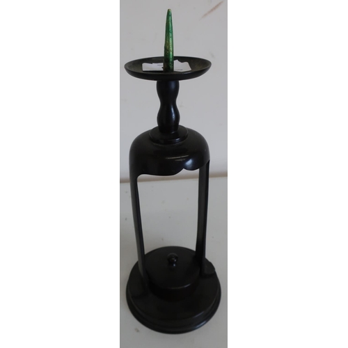 3 - Japanese bronze candle stand with raised spike above hook and compartment to the base (height 30cm)
