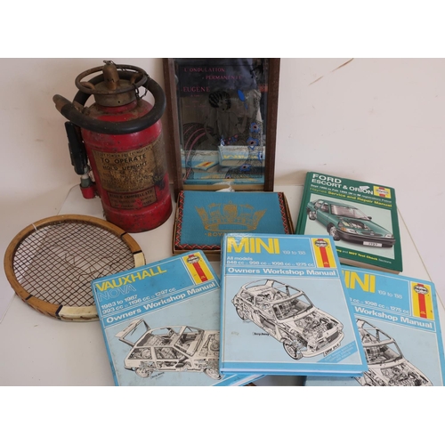 47 - Vintage tennis racket, reproduction French advertising mirror, various Haynes car service manuals, s... 