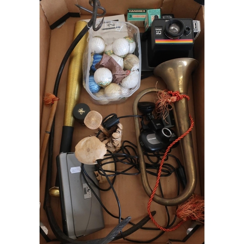 52 - Scales hanging pan, various golf balls, carved wood items, vintage Polaroid camera, John Player matc... 