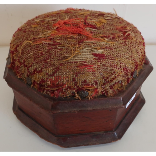 68 - 19th C oak footstool with wool-work upholstered top, on three white ceramic bun feet (27cm x 27cm x ... 