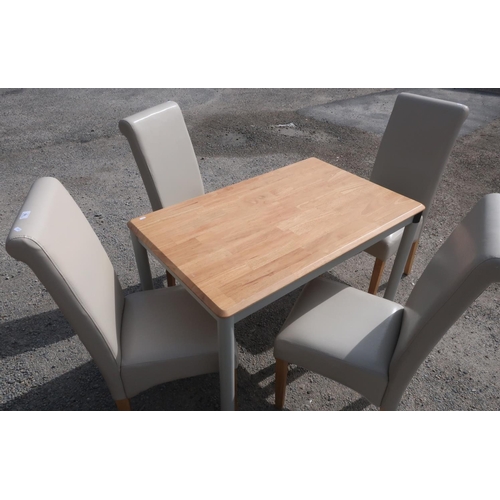 70 - Light wood with painted base rectangular kitchen table and set of four cream leather dining chairs w... 