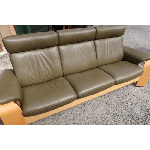 93 - Stressless three seat reclining leather sofa with beech light wood supports (width 230cm)