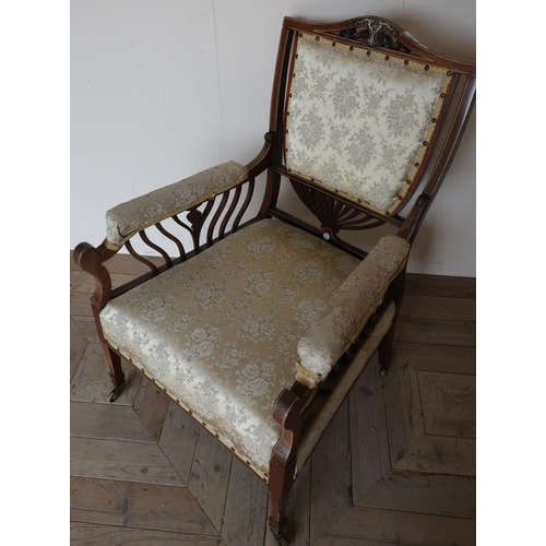99 - Victorian rosewood and ivory inlaid armchair with upholstered seat, back and arms