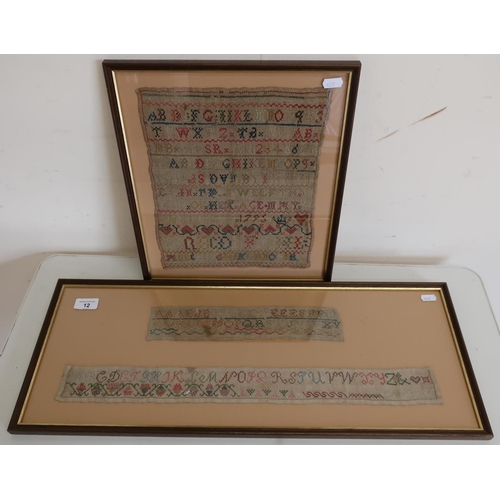 12 - Framed and mounted needlework sampler dated 1795 and another framed display of two woolwork samplers