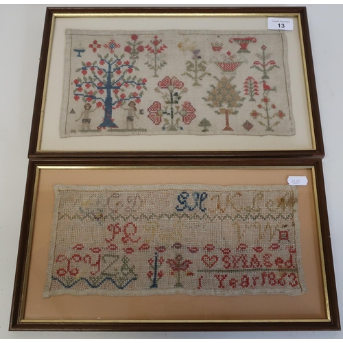 13 - Two framed and mounted 19th C woolwork samplers (39cm x 24cm including frame, and 21cm x 37.5cm incl... 