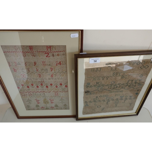 14 - Two framed and mounted needlework samplers