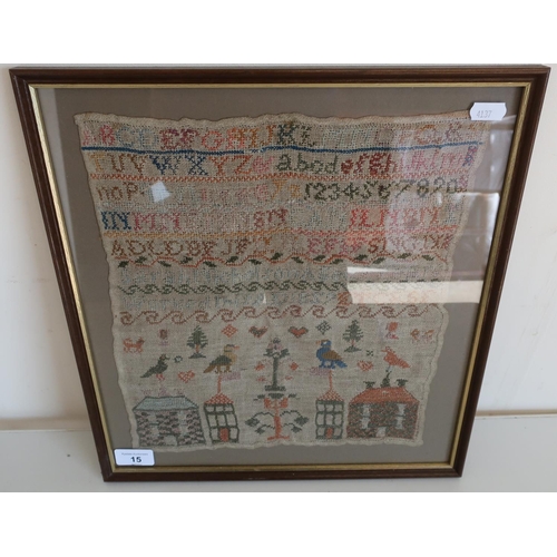 15 - Framed and mounted 19th C sampler with letters, numbers and various pictures (36.5cm x 39cm)