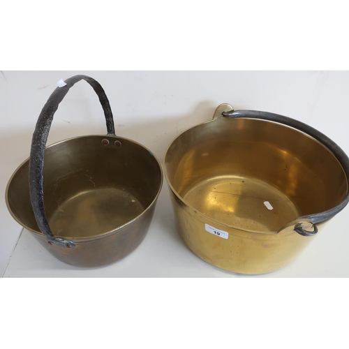 19 - Large brass jam pan with swing handle (diameter 33cm) and another similar