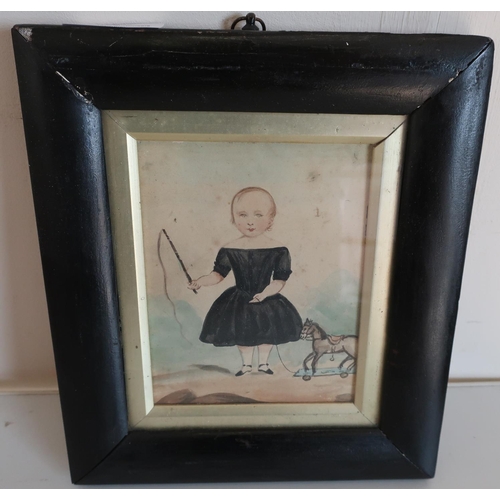 38 - 19th C ebonised framed watercolour of a young girl with toy horse (19.5cm x 22.5cm)