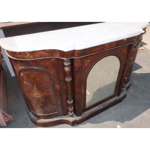 303 - Victorian rosewood side cabinet with white marble top, with central mirrored cupboard door flanked b... 