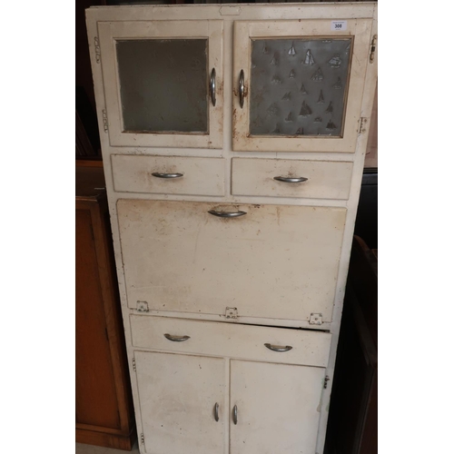 308 - Circa 1960s painted retro style kitchen cabinet with two upper glazed doors above two drawers, fall ... 