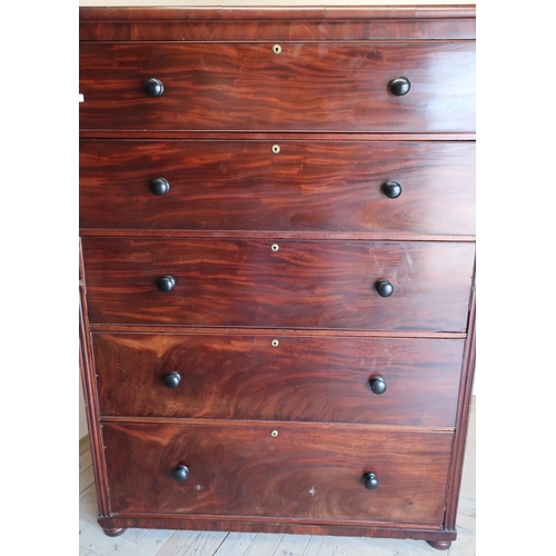 309 - Extremely large Victorian mahogany two sectional chest of five long drawers, on bun feet (141cm x 63... 