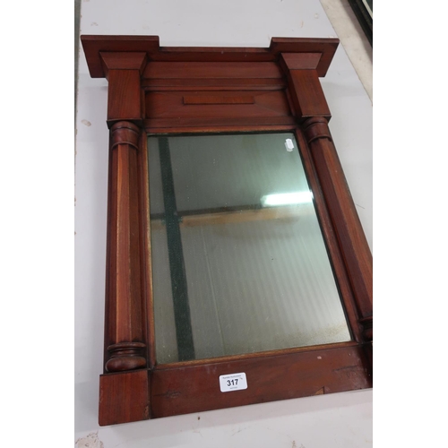 317 - 19th C mahogany framed mirror with stepped cornice and column supports (55cm x 70cm)