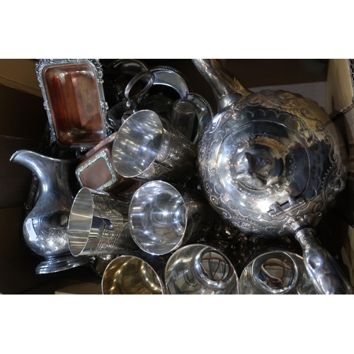 322 - Box containing a quantity of various assorted silver plate including set of six goblets, various tur... 