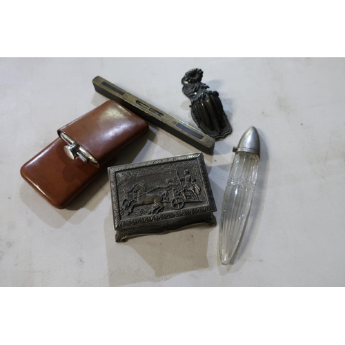 328 - Silver plated hip flask with leather case, a letter clip, cut glass flask, vintage spirit level etc