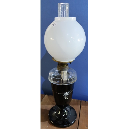 343 - Large late Victorian oil lamp with black glass base, clear glass reservoir and opaque glass shade (h... 