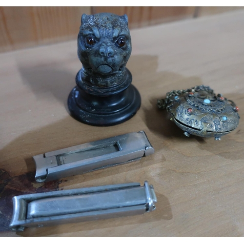 346 - Small mounted cast metal pewter type pugs head with inset glass eyes, eastern brass and stone scent ... 