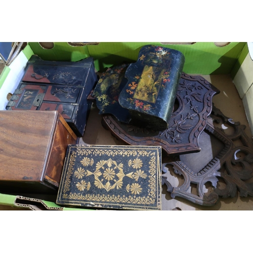 349 - Box containing a selection of various carved wood items including frames, lacquered oriental style j... 