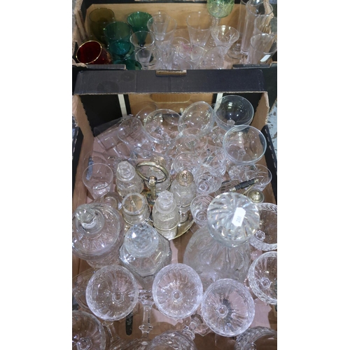 350 - Two boxes of various assorted drinking glasses, cut glasses, decanters, cruet sets etc