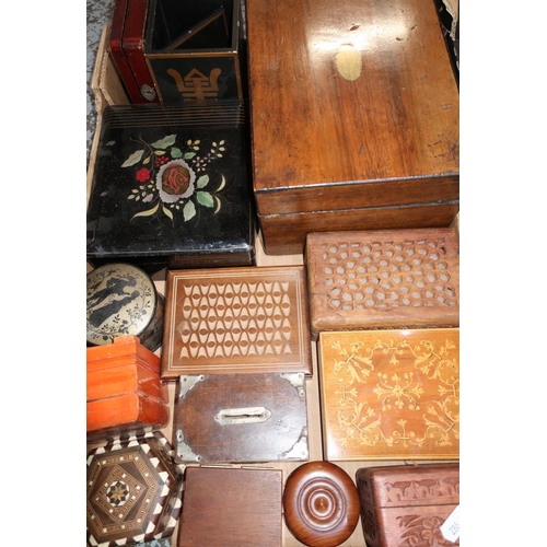 351 - Box containing a quantity of various table boxes, mahogany travelling box, various carved Eastern st... 