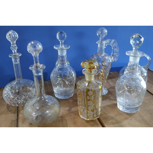 356 - Etched amber and clear glass decanter and six other assorted glass decanters