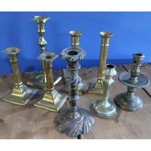 359 - Selection of various early 19th C and later candlesticks in one box, including two pairs